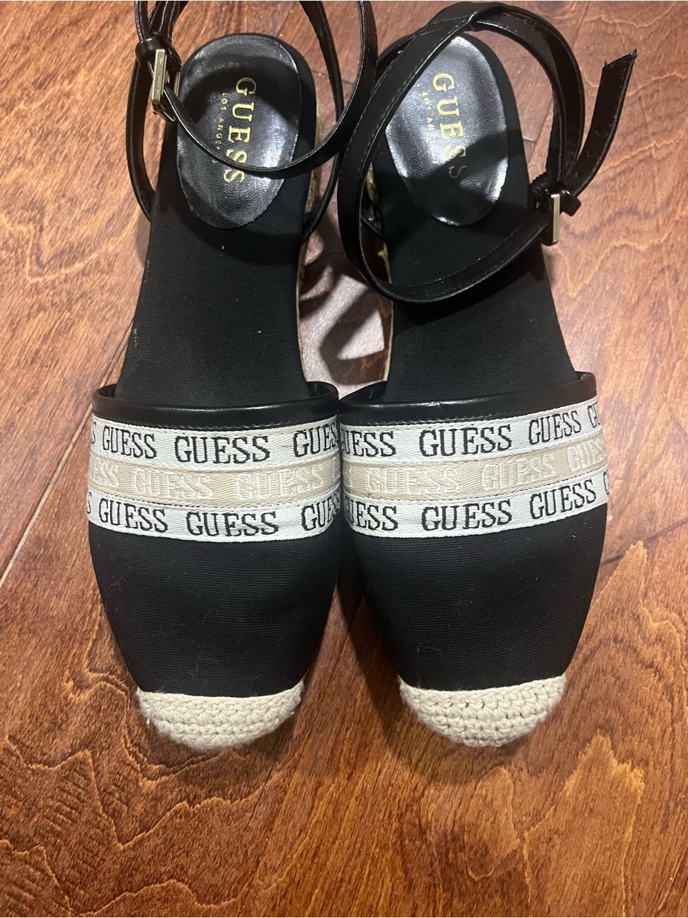 GUESS Black Espadrille Ankle-Strap Wedges with Logo Banding - Picture 7 of 12